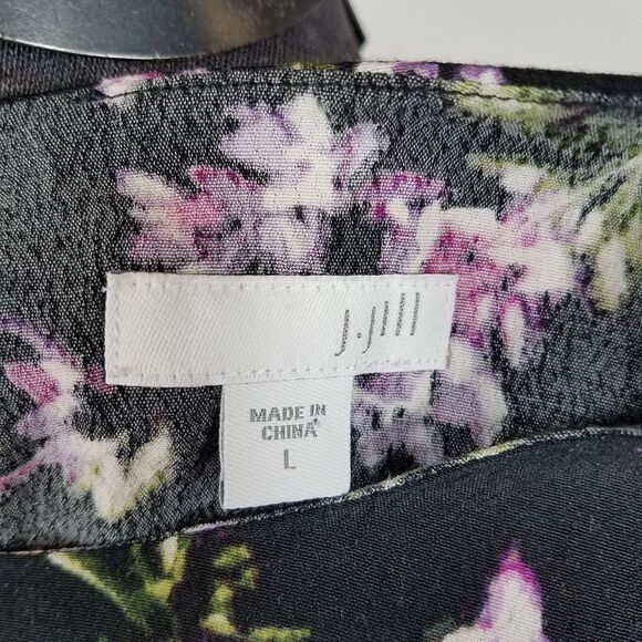 J. Jill Layered Asymmetric Floral Print Top Black Rayon Long Sleeve Size Large - Picture 7 of 9